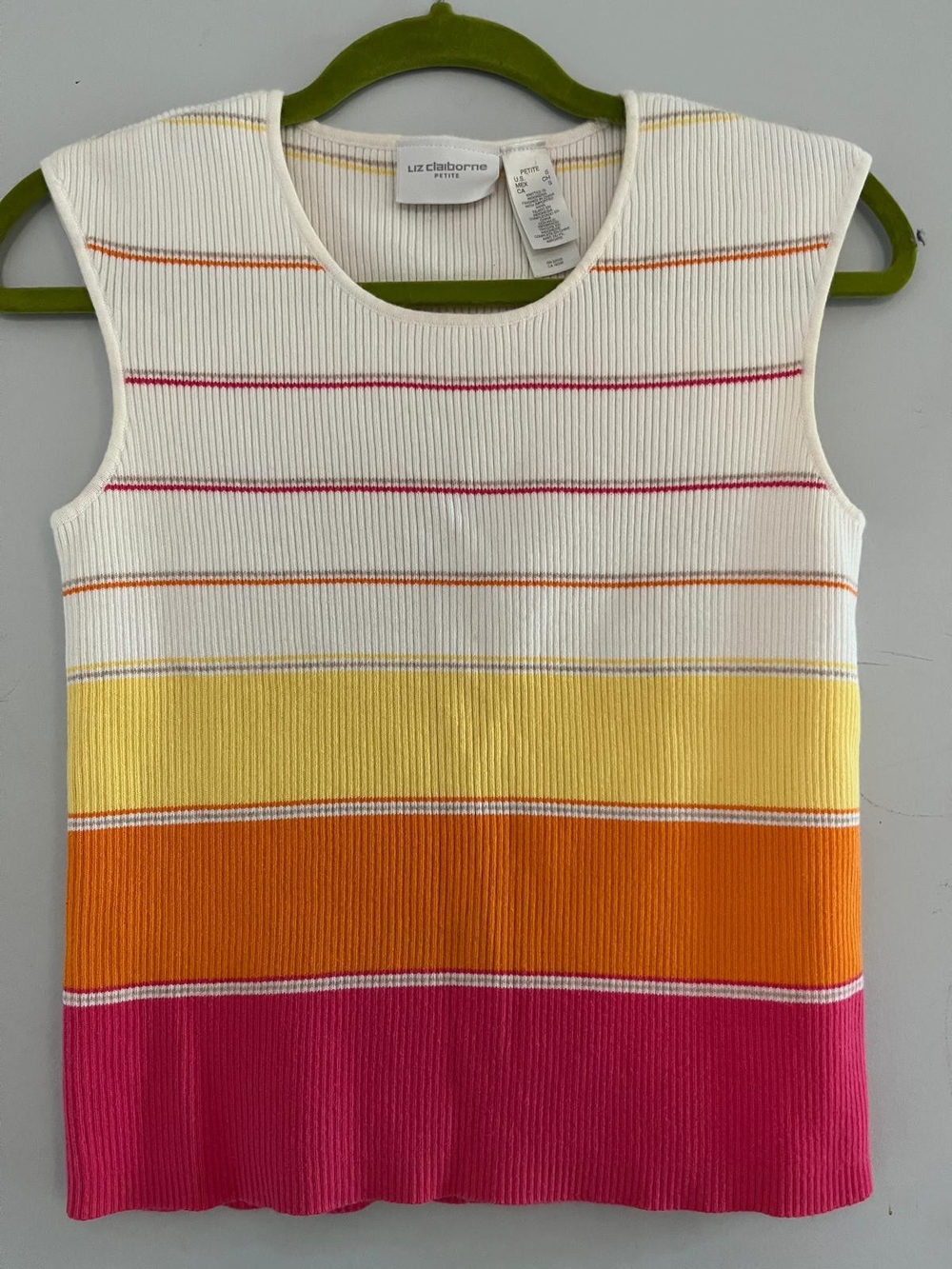 Liz Claiborne Petite Cream Sweater with Pink, Orange, and Yellow Stripes